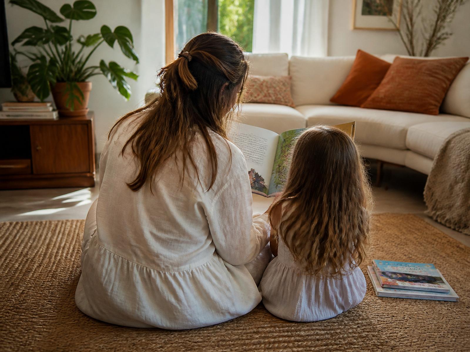 Parent and child sharing a picture book on a rug at home