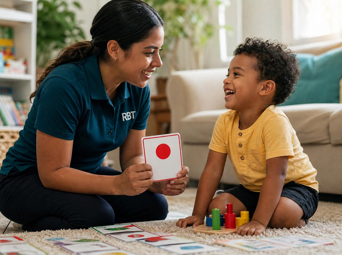 A warm, Hispanic-looking Registered Behavior Technician smiles while playing a learning game with a happy Afro-Latino child during in-home ABA therapy